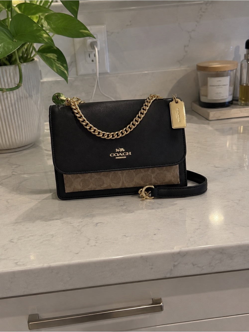 Coach Black Leather Crossbody with Brown Signature Canvas and Gold Hardware